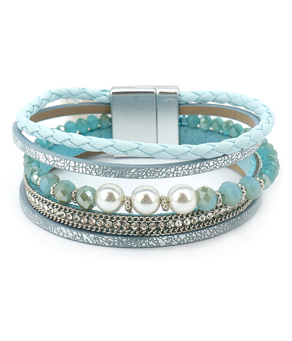 MULTI LAYER LEATHERETTE PEARL AND GLASS BEAD MIX MAGNETIC BRACELET