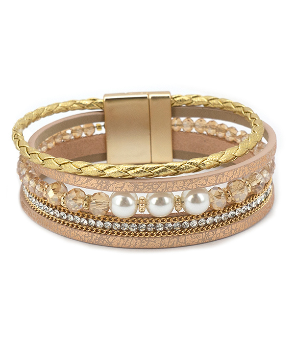 MULTI LAYER LEATHERETTE PEARL AND GLASS BEAD MIX MAGNETIC BRACELET