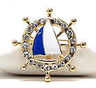 NAUTICAL THEME CRYSTAL AND EPOXY DECO YACHT AND WHEEL BROOCH OR PIN
