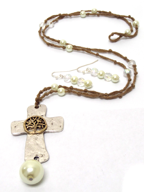 HANDMADE ANTIQUE CROSS PEARL BALL AND SUEDE CORD THREAD LONG NECKLACE