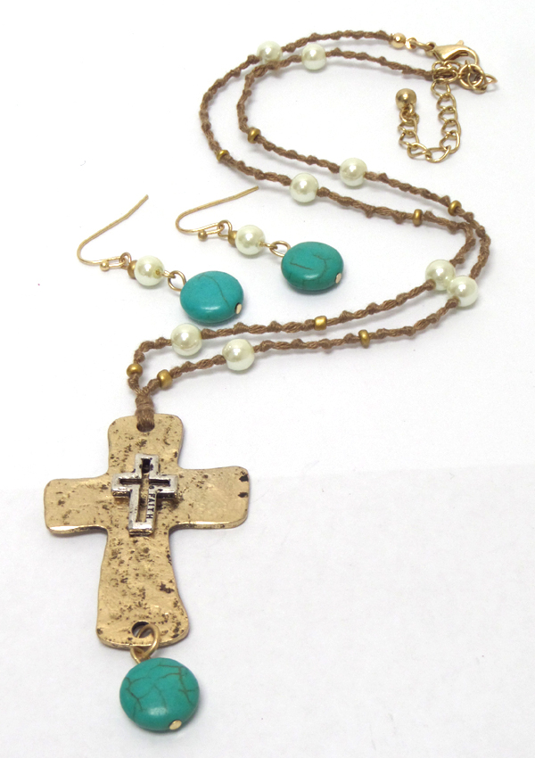 HANDMADE ANTIQUE CROSS TURQUOISE BALL AND SUEDE CORD THREAD LONG NECKLACE