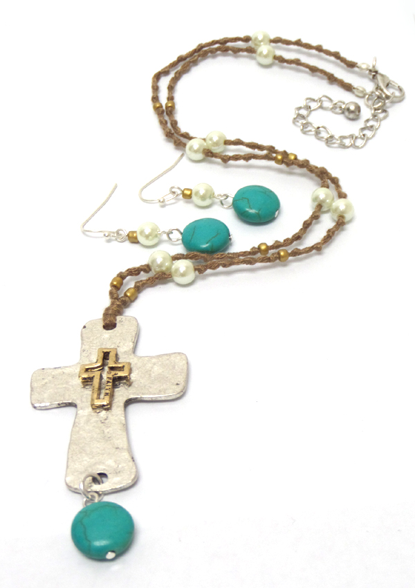 HANDMADE ANTIQUE CROSS TURQUOISE BALL AND SUEDE CORD THREAD LONG NECKLACE