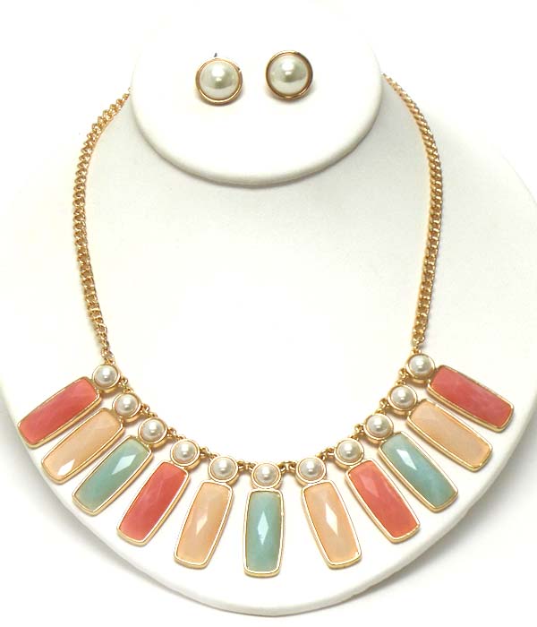 MULTI FACET BAR STONE AND PEARL LINK COCKTAIL NECKLACE EARRING SET