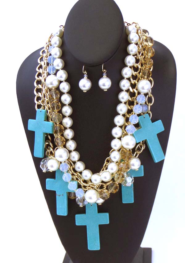 LUXURY LINE TURQUOISE CROSS CHARM AND MULTI PEARL AND METAL CHAIN MIX BOUTIQUE STATEMENT  NECKLACE EARRING SET