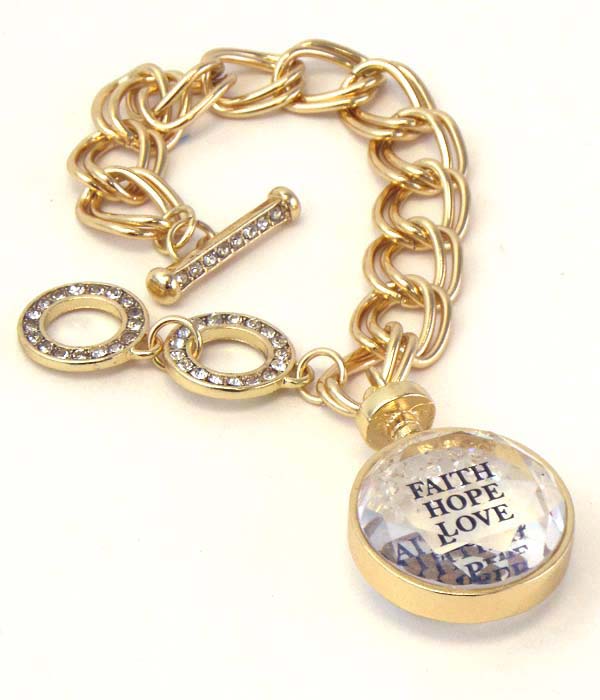 RELIGIOUS THEME FLOATING CRYSTAL IN DISK CHARM AND CHAIN TOGGLE BRACELET - FAITH HOPE LOVE