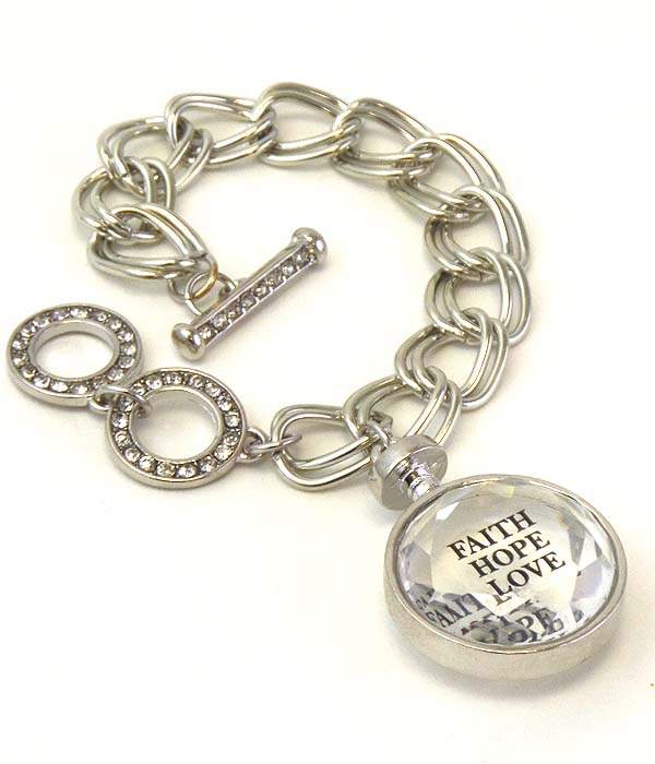 RELIGIOUS THEME FLOATING CRYSTAL IN DISK CHARM AND CHAIN TOGGLE BRACELET - FAITH HOPE LOVE
