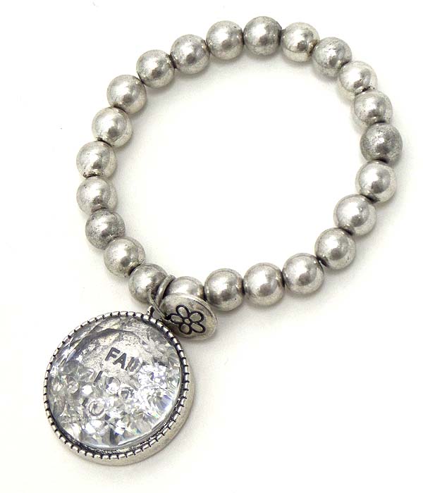 RELIGIOUS THEME FLOATING CRYSTAL IN DISK CHARM STRETCH BRACELET - FAITH HOPE LOVE