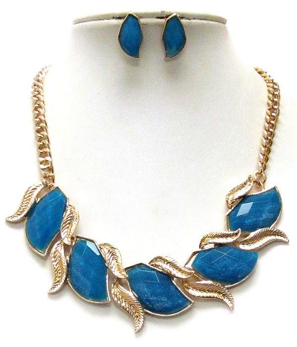 MULTI METAL LEAF AND FACET ACRYLIC STONE DECO NECKLACE EARRING SET