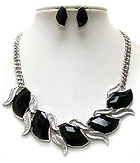 MULTI METAL LEAF AND FACET ACRYLIC STONE DECO NECKLACE EARRING SET