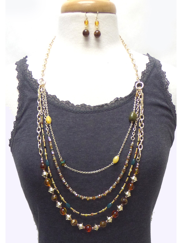 FOUR LAYER MULTI BEADS CHAIN NECKLACE SET 