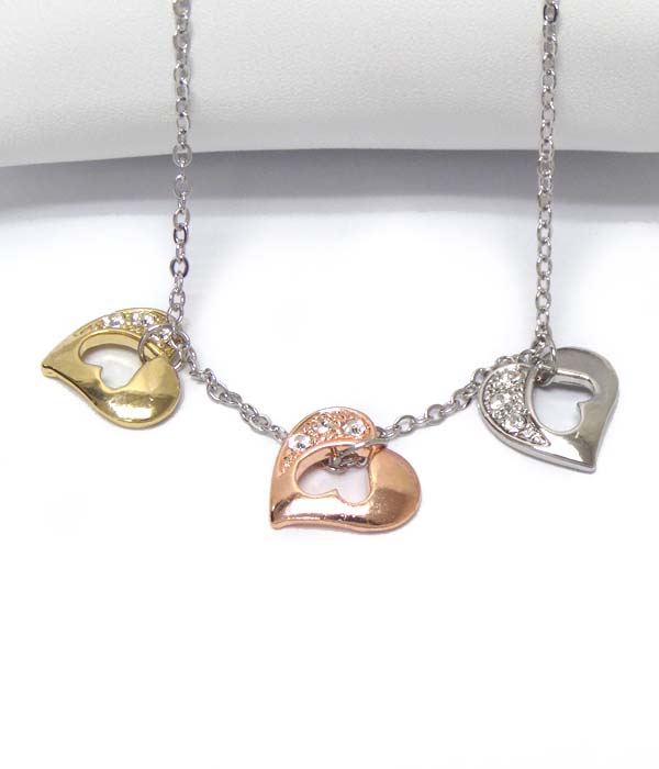 MADE IN KOREA WHITEGOLD PLATING CRYSTAL HEART TRIO  PENDANT NECKLACE