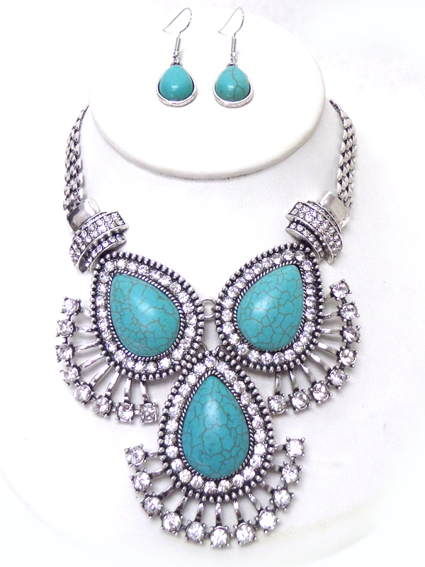MULTI CRYSTAL AND TEARDROP TURQUOISE STATEMENT NECKLACE SET