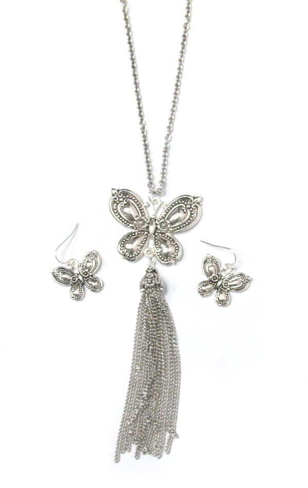 UTENSIL SPOON TEXTURED AND CHAIN TASSEL DROP LONG NECKLACE SET - BUTTERFLY