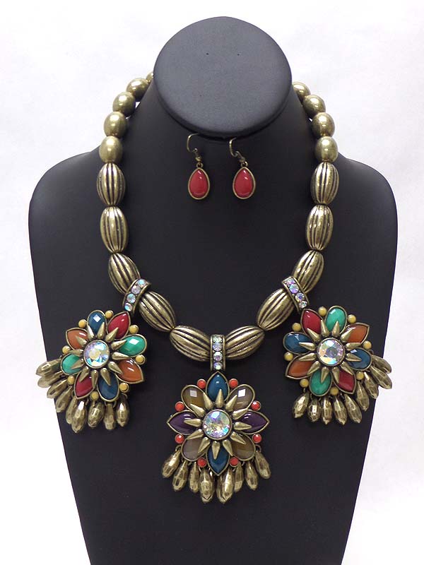 CRYSTAL AND FACET STONE TRIPLE FLOWER DROP STATEMENT NECKLACE EARRING SET