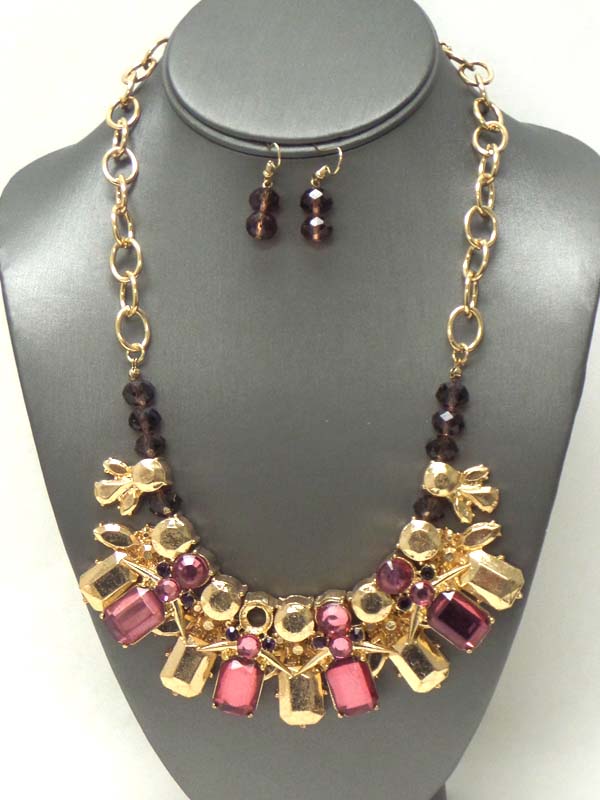 CRYSTAL AND ACRYLIC STONE MIX NECKLACE EARRING SET