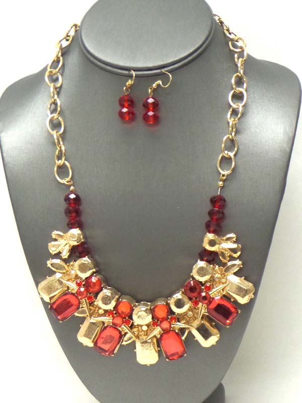 CRYSTAL AND ACRYLIC STONE MIX NECKLACE EARRING SET