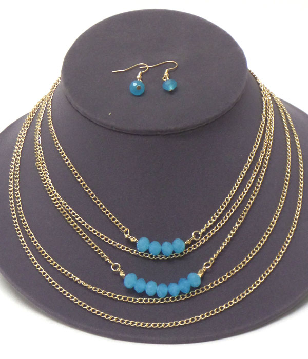 MULTI LAYER CHAIN AND FACET STONE ACCENT NECKLACE EARRING SET