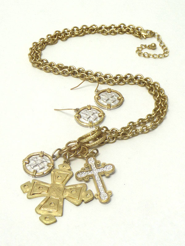 RELIGIOUS INSPIRATION HAMMERED CROSS NECKLACE EARRING SET