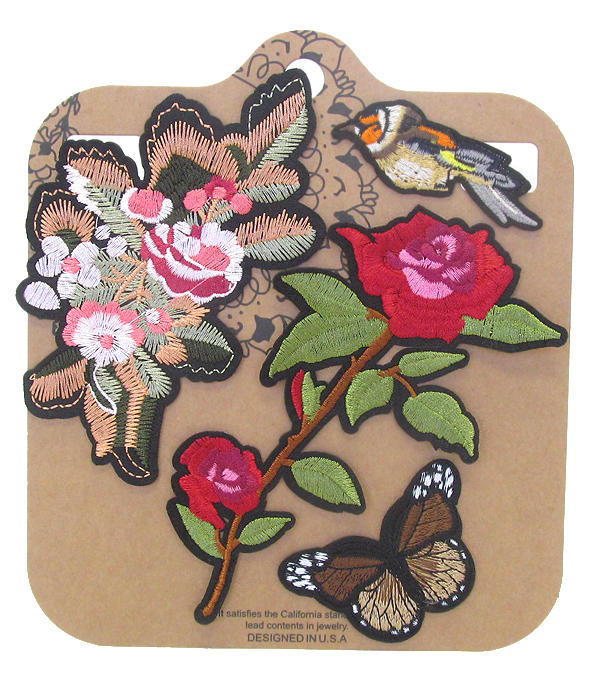VALUE PACK EMBROIDERED AND IRON ON ADHESIVE PATCH SET - FLOWER AND BIRD
