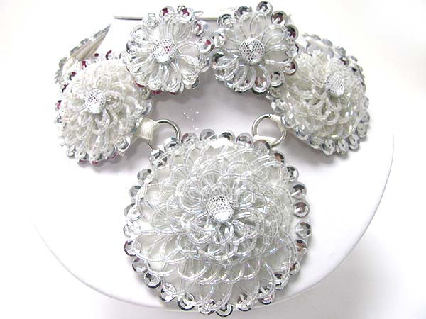 BEADS AND SEQUIN DECO ROUND FABRIC FLOWER LINK NECKALCE EARRING SET