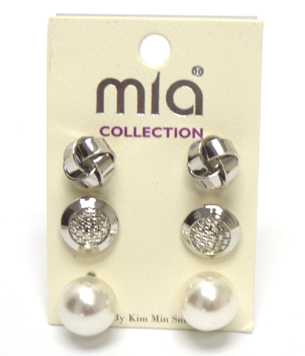 CRYSTAL AND METAL BALL MIX 3 PAIR EARRING SET