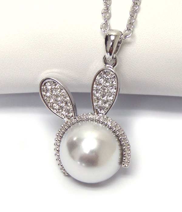 WHITEGOLD PLATING CRYSTAL AND PEARL RABBIT PENDANT NECKLACE