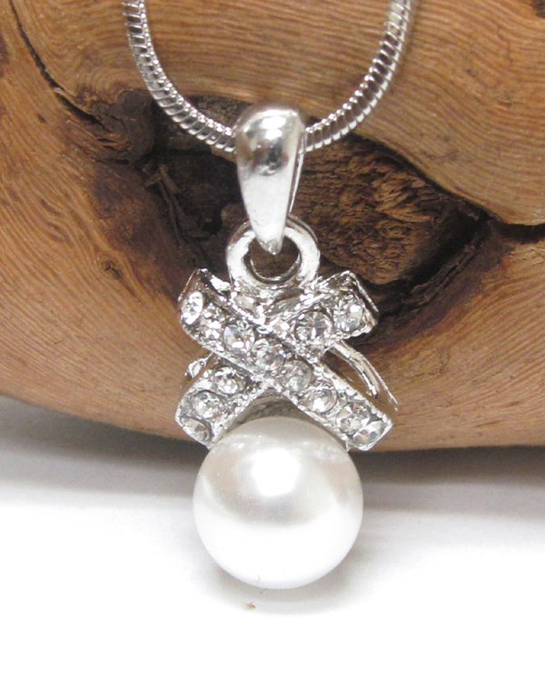 MADE IN KOREA WHITEGOLD PLATING CRYSTAL AND PEARL PENDANT NECKLACE