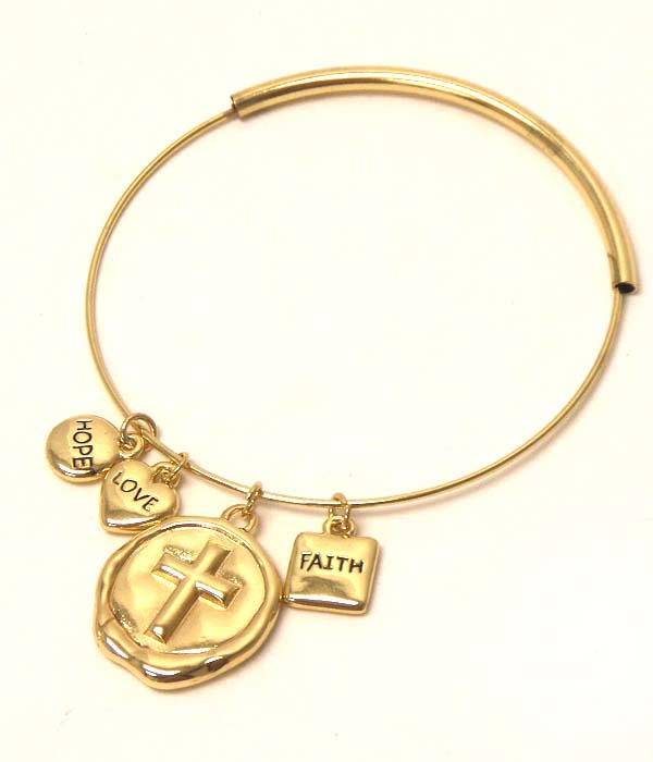 STAMPED CROSS MARK CHARM AND FLEXIBLE WIRE BRACELET - FAITH LOVE HOPE