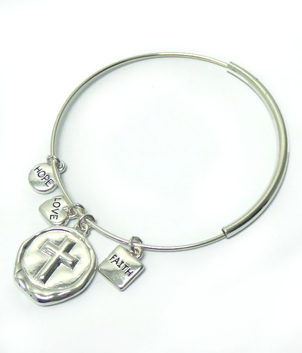 STAMPED CROSS MARK CHARM AND FLEXIBLE WIRE BRACELET - FAITH LOVE HOPE