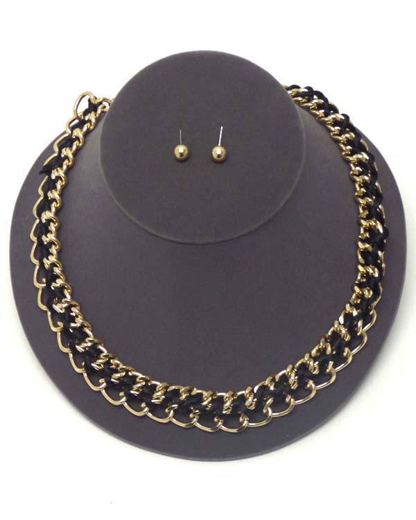 DOUBLE METAL CHAIN AND LEATHERETTE CORD TIE NECKLACE EARRING SET