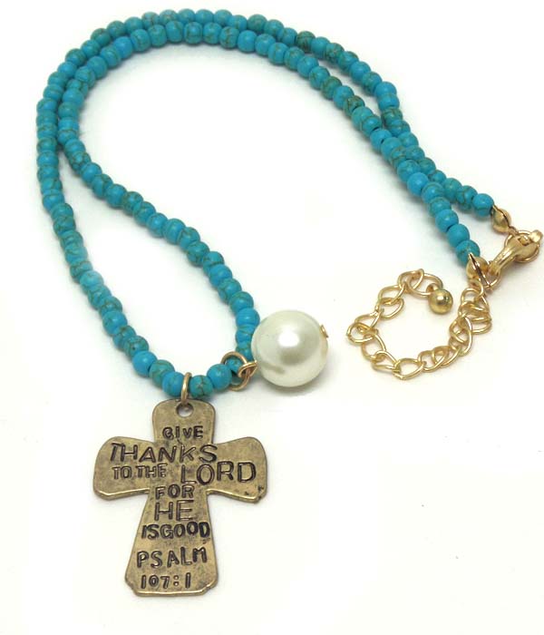 VINTAGE METAL AND RELIGIOUS INSPIRATION PEARL AND CROSS PENDANT AND TURQUOISE BEAD CHAIN NECKLACE