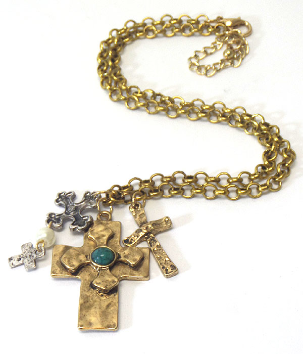 VINTAGE METAL AND RELIGIOUS INSPIRATION MULTI CROSS PENDANT NECKLACE