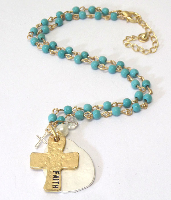 RELIGIOUS INSPIRATION HAMMERED CROSS AND TEARDROP PENDANT AND TURQUOISE CHAIN NECKLACE