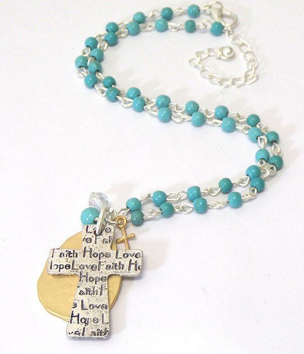 VINTAGE METAL CROSS AND RELIGIOUS INSPIRATION AND TURQUOISE CHAIN NECKLACE