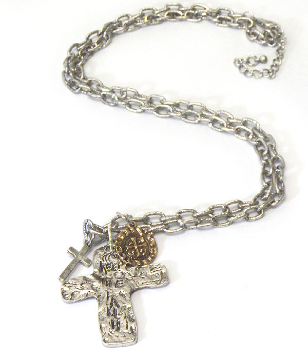VINTAGE METAL CROSS AND COIN PENDANT NECKLACE