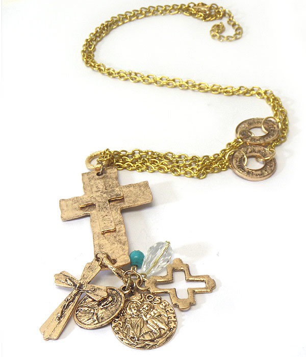 RELIGIOUS INSPIRATION MULTI CROSS AND COIN CHARM PENDANT LONG NECKLACE