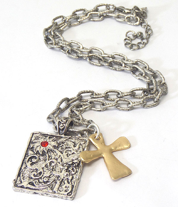 VINTAGE METAL FILIGREE PLATE AND CROSS PENDANT NECKLACE