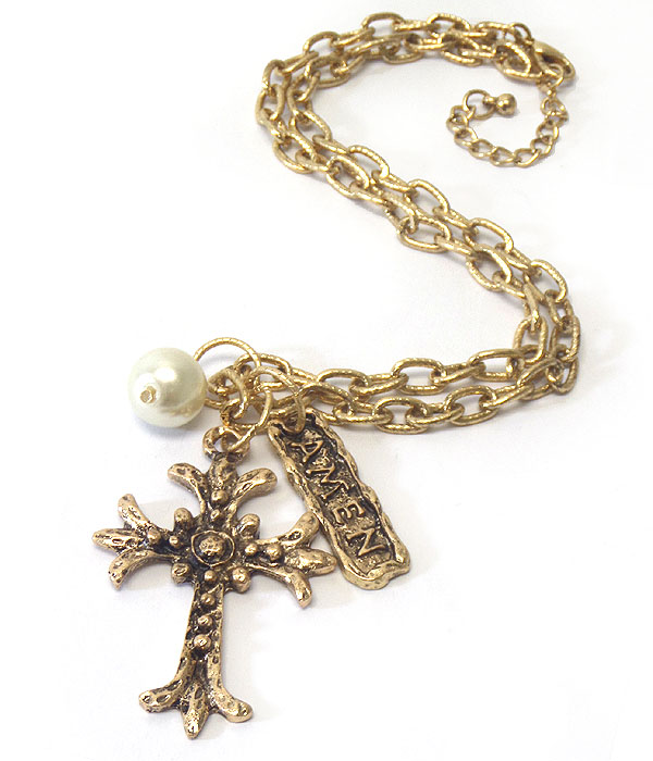 VINTAGE METAL CROSS AND PEARL PENDANT NECKLACE