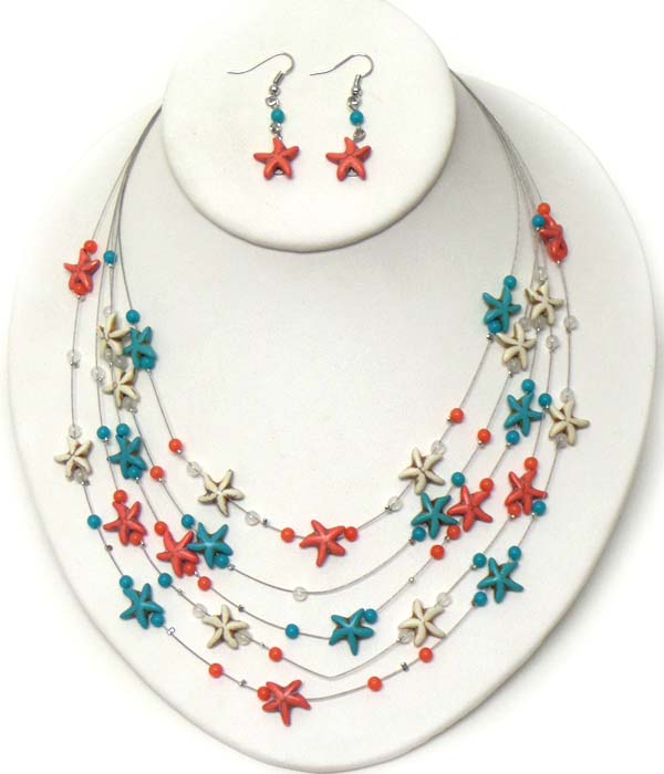 SEALIFE THEME TURQUOISE AND CORAL ON WIRE ILLUSION NECKLACE EARRING SET