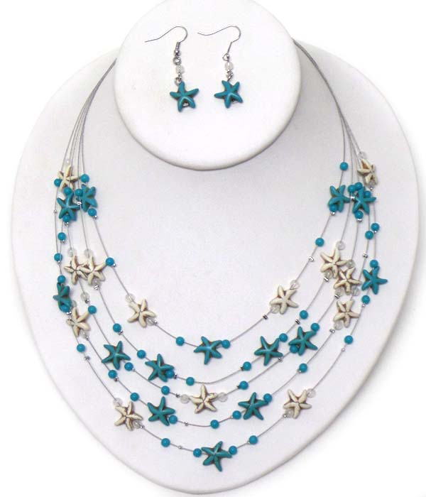 SEALIFE THEME TURQUOISE ON WIRE ILLUSION NECKLACE EARRING SET