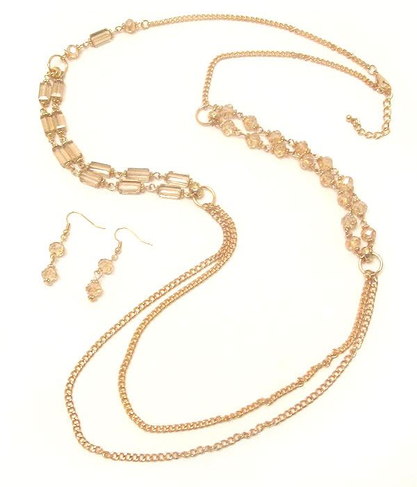 TWO LAYERED FINE CHAIN AND GLASS BEAD SIDE LONG NECKLACE EARRING SET