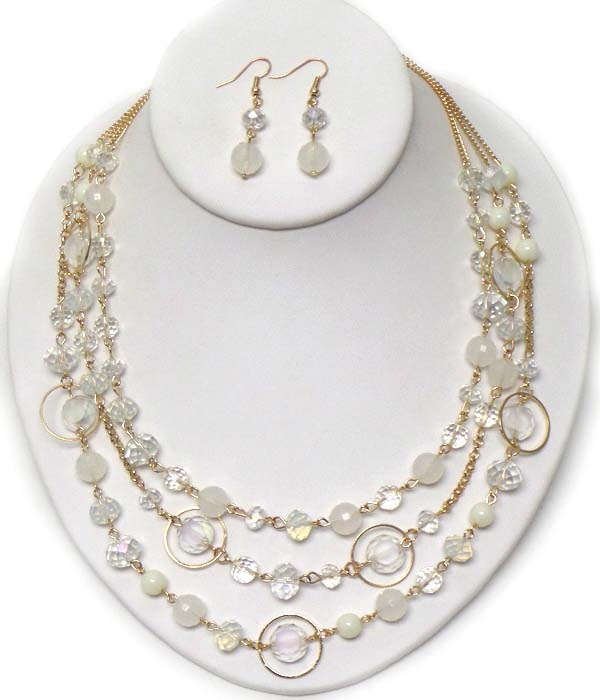MULTI FACET STONE AND METAL RING MIX TRIPLE LAYER NECKLACE EARRING SET