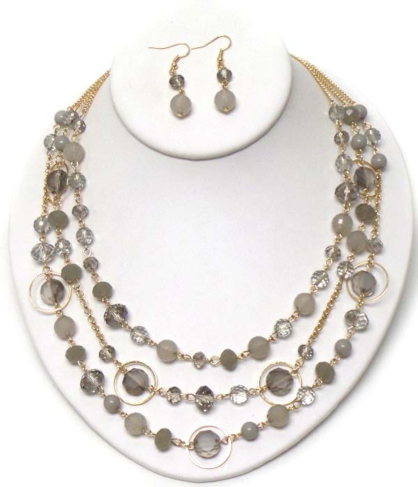 MULTI FACET STONE AND METAL RING MIX TRIPLE LAYER NECKLACE EARRING SET