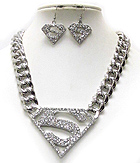 CRYSTAL DECO SUPERMAN SYMBOL AND THICK METAL CHAIN NECKLACE EARRING SET