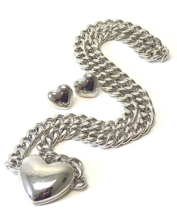 METAL HEART THICK METAL CHAIN NECKLACE EARRING SET -valentine
