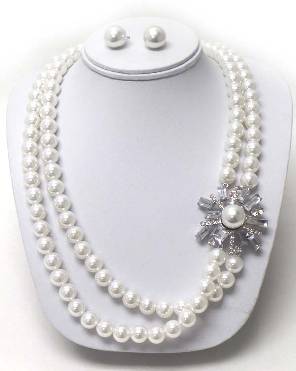 CRYSTAL FLOWER CORSAGE DOUBLE ROW PEARL NECKLACE EARRING SET