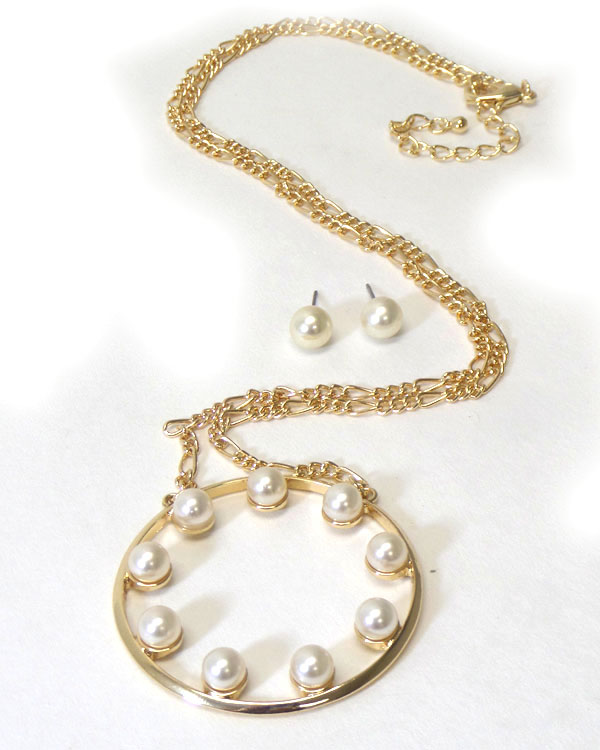 PEARL AND METAL RING PENDANT NECKLACE EARRING SET