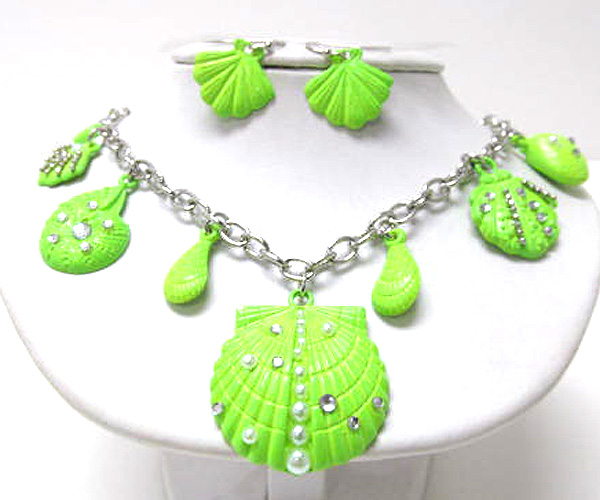 MULTI SEED BEADS AND PEAR ON SEA LIFE THEME CHARM FASHION COLORFUL DANGLE NECKLACE EARRING SET