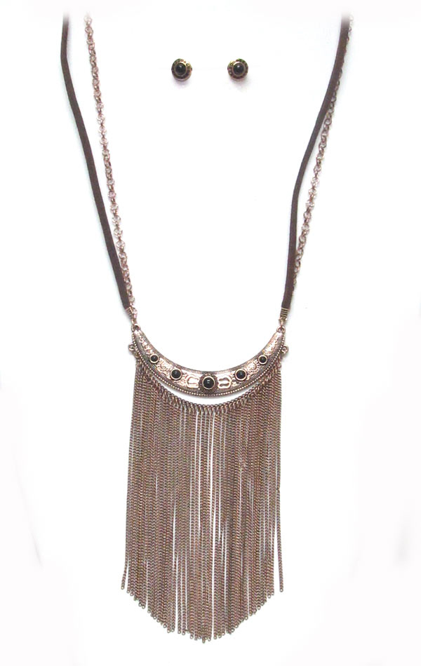 VINTAGE METAL TASSEL DROP LEATHER AND CHAIN MIXED NLONG NECKLACE SET