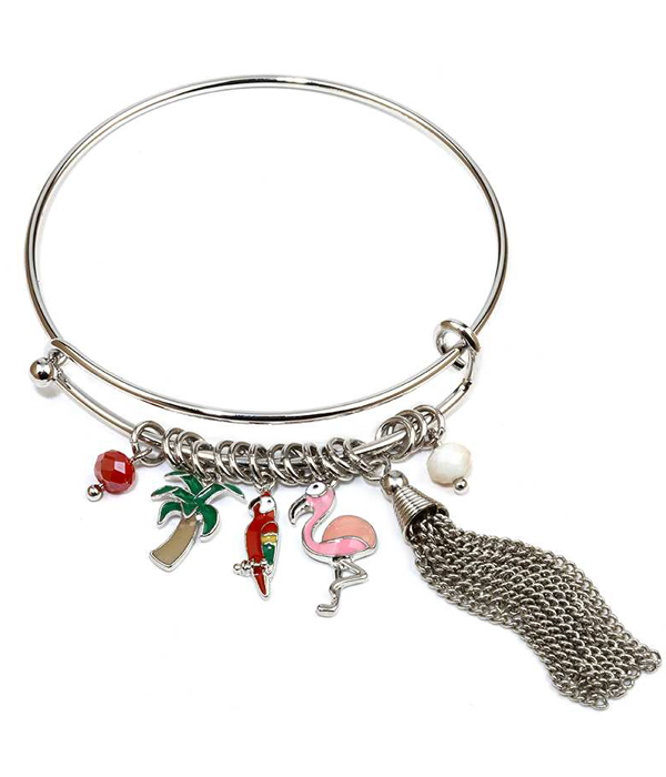 TROPICAL THEME CHARM AND CHAIN TASSEL WIRE BANGLE BRACELET